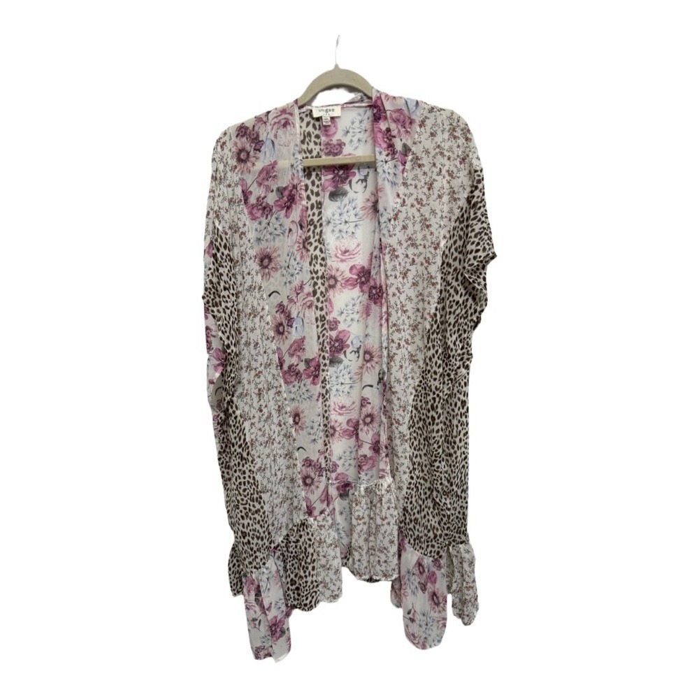 Umgee Leopard Print Pastel Floral Coverup Kimono Cardigan Size M/L Sheer Boho